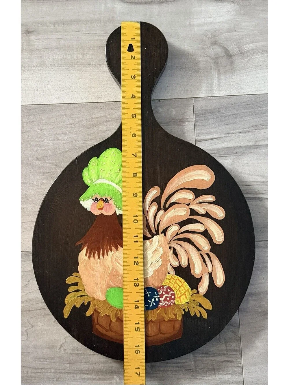 Hand Painted Hen Chicken Cutting Board Vintage Wall Mount Wood Paddle Plaque